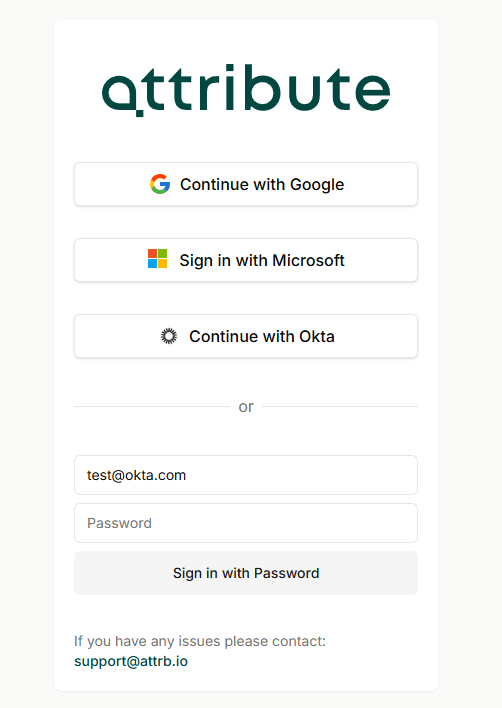 Attribute Dashboard login page showing Continue with Google, Sign in with Microsoft, and Continue with Okta options above an email and password form