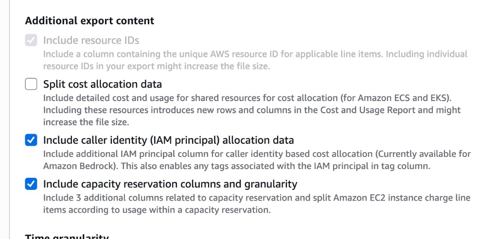 AWS CUR 2.0 Additional export content settings