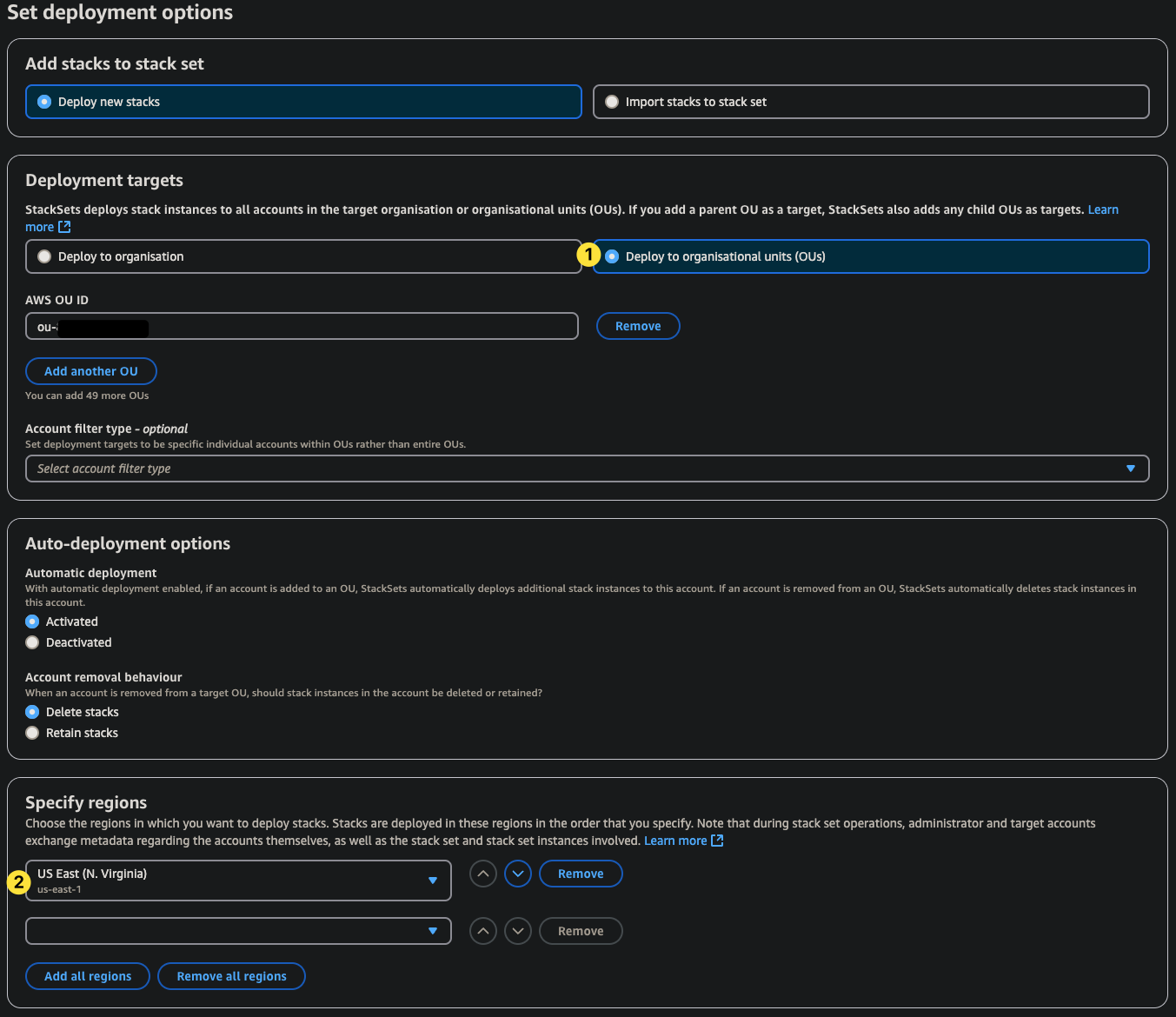 Set deployment options page, with annotations on Deploy to organizational units (1) and the us-east-1 region selected (2)