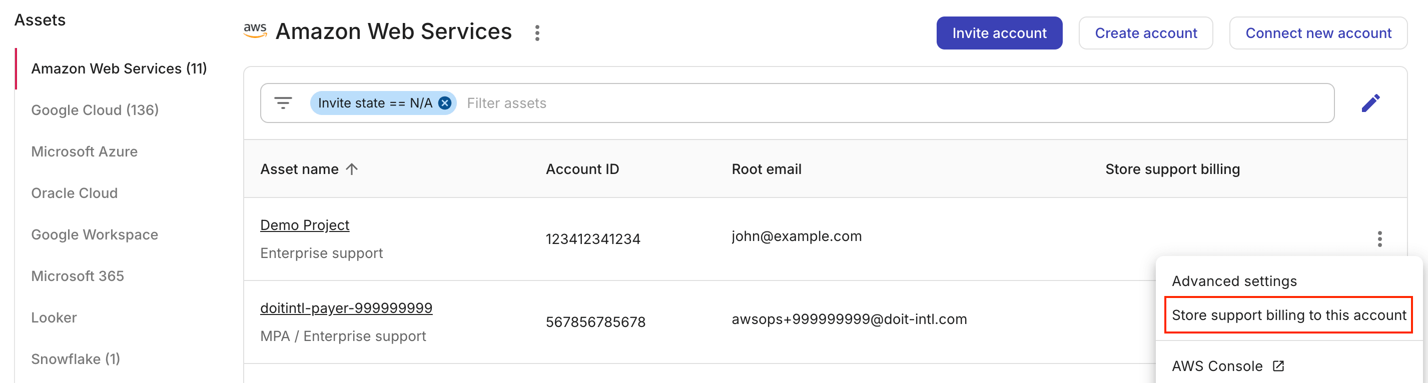 Store support billing to this AWS account