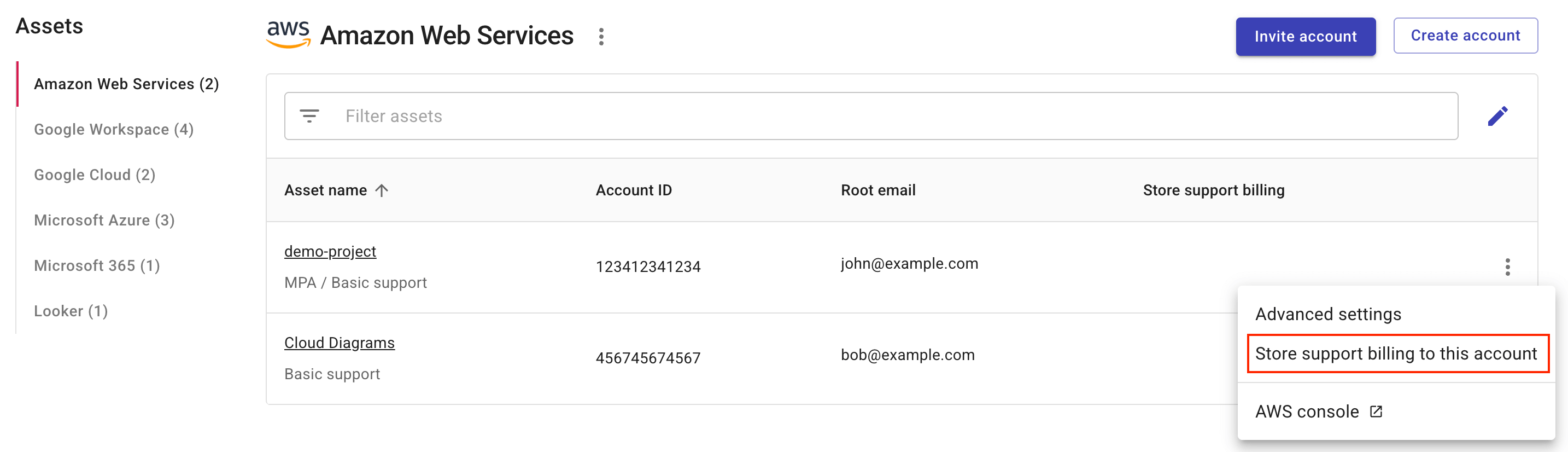 この AWS アカウントにサポート請求を保存
