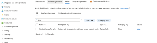 Azure portal Roles page showing the AttributeSensorTerraform custom role with description "Custom role for deploying attribute-sensor module"