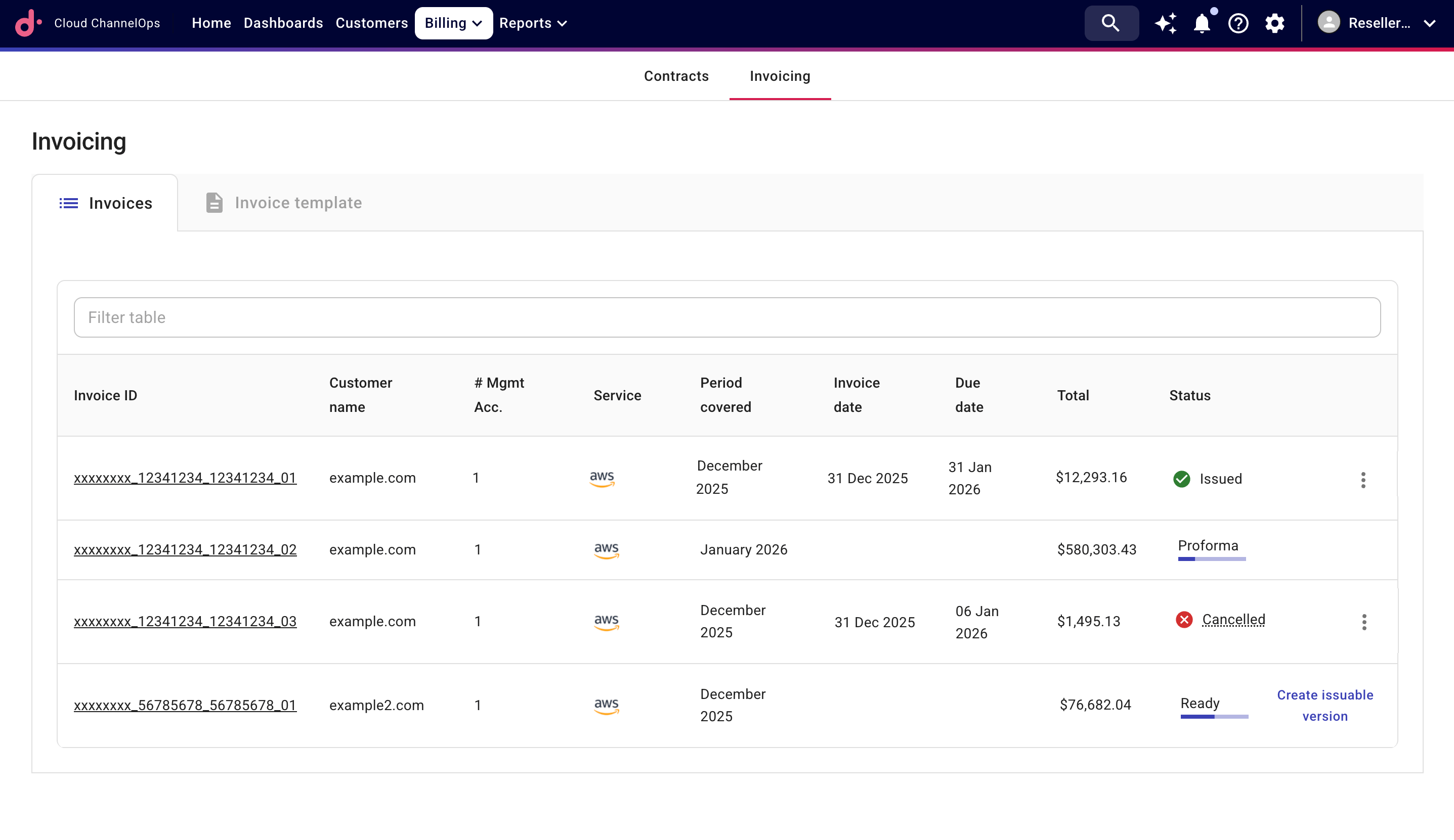 Reseller invoices tab
