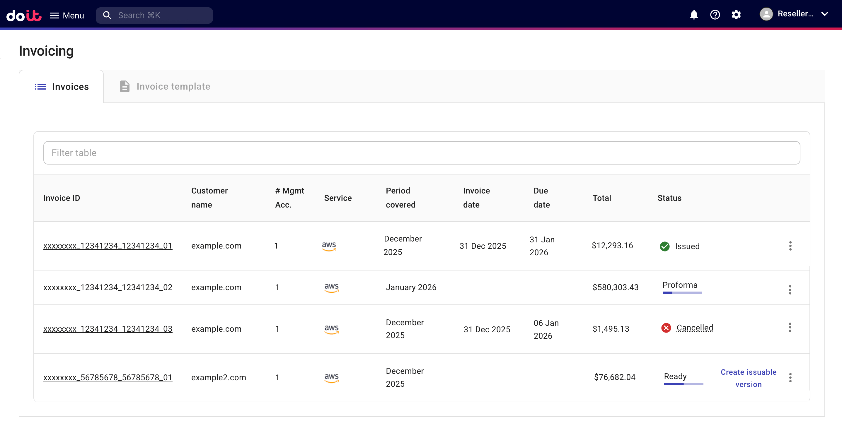 Reseller invoices tab
