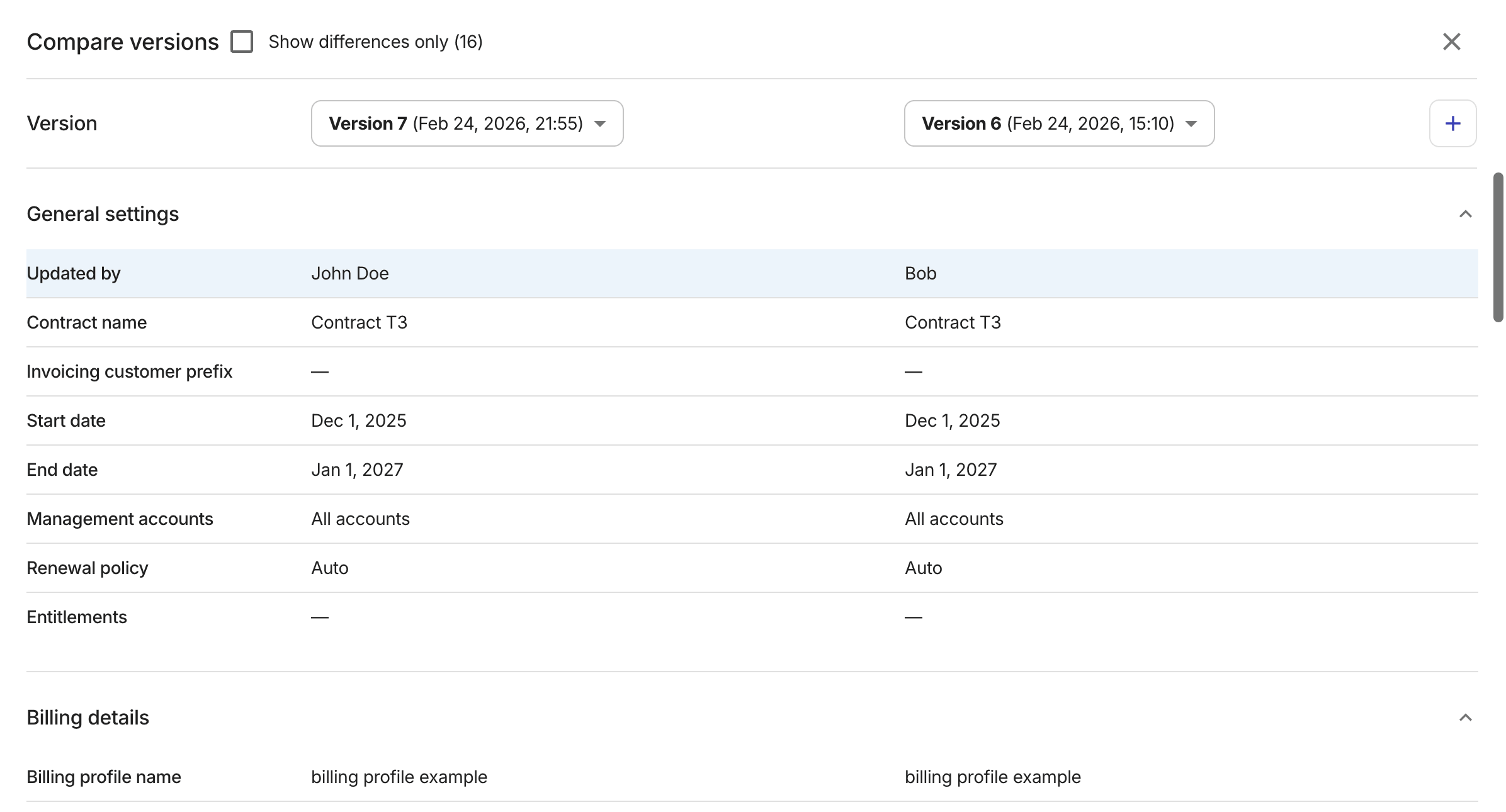 Compare contract versions.