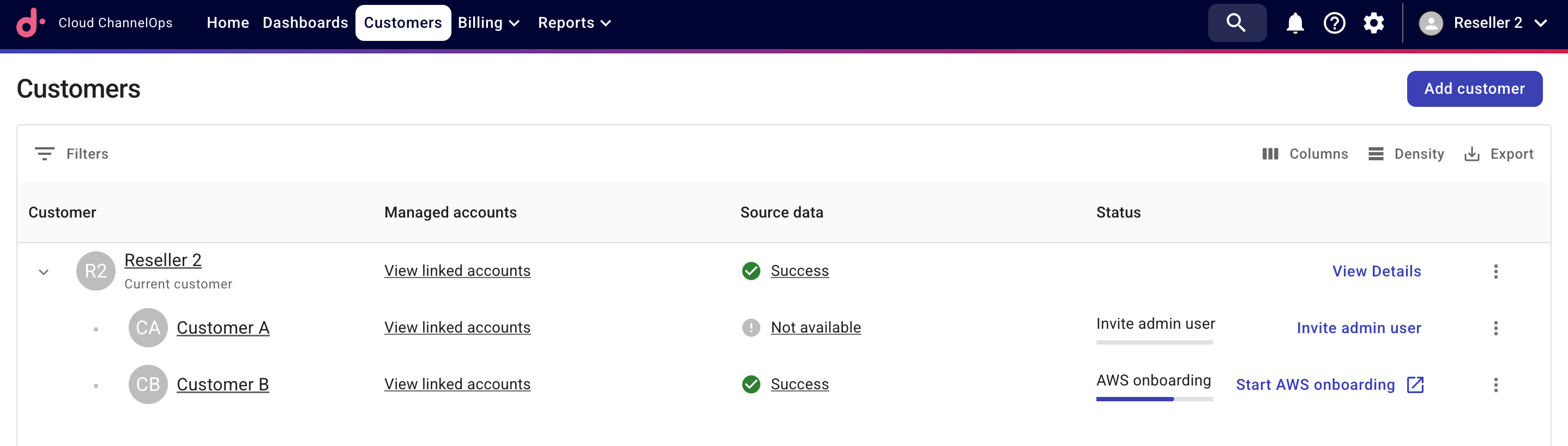 Reseller customers page