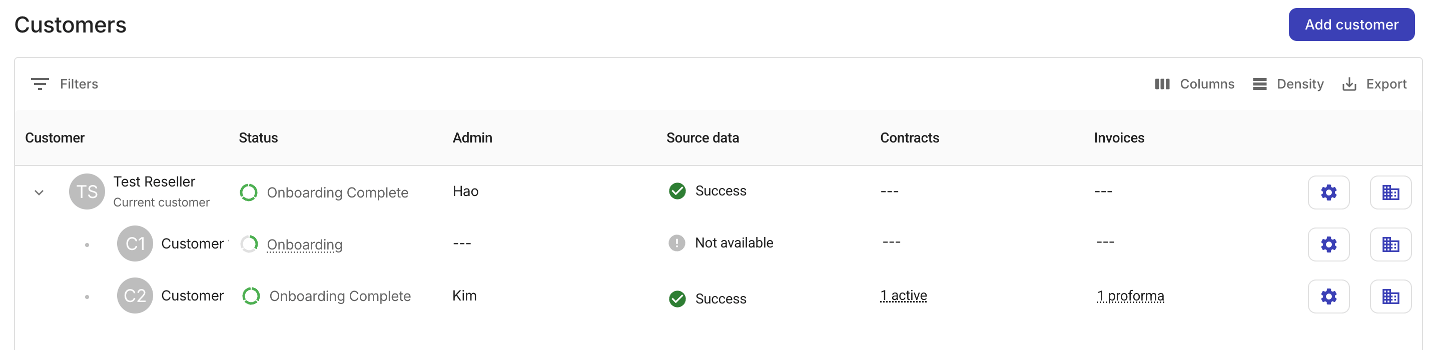 Reseller customers page