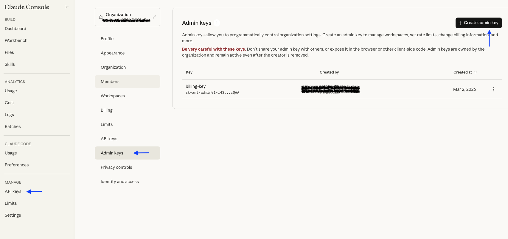 Claude Console Admin keys page, with arrows pointing to "API keys" in the left sidebar, "Admin keys" in the settings nav, and the "Create admin key" button