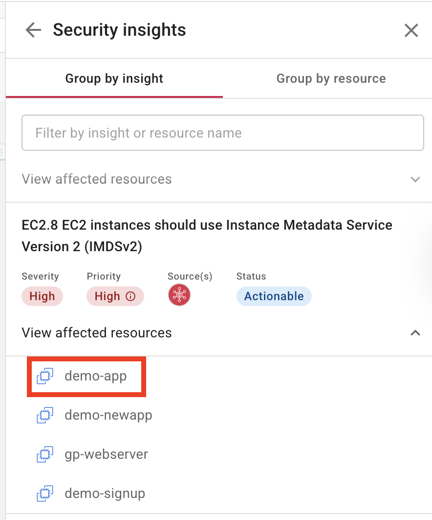 Security insights grouped by insight