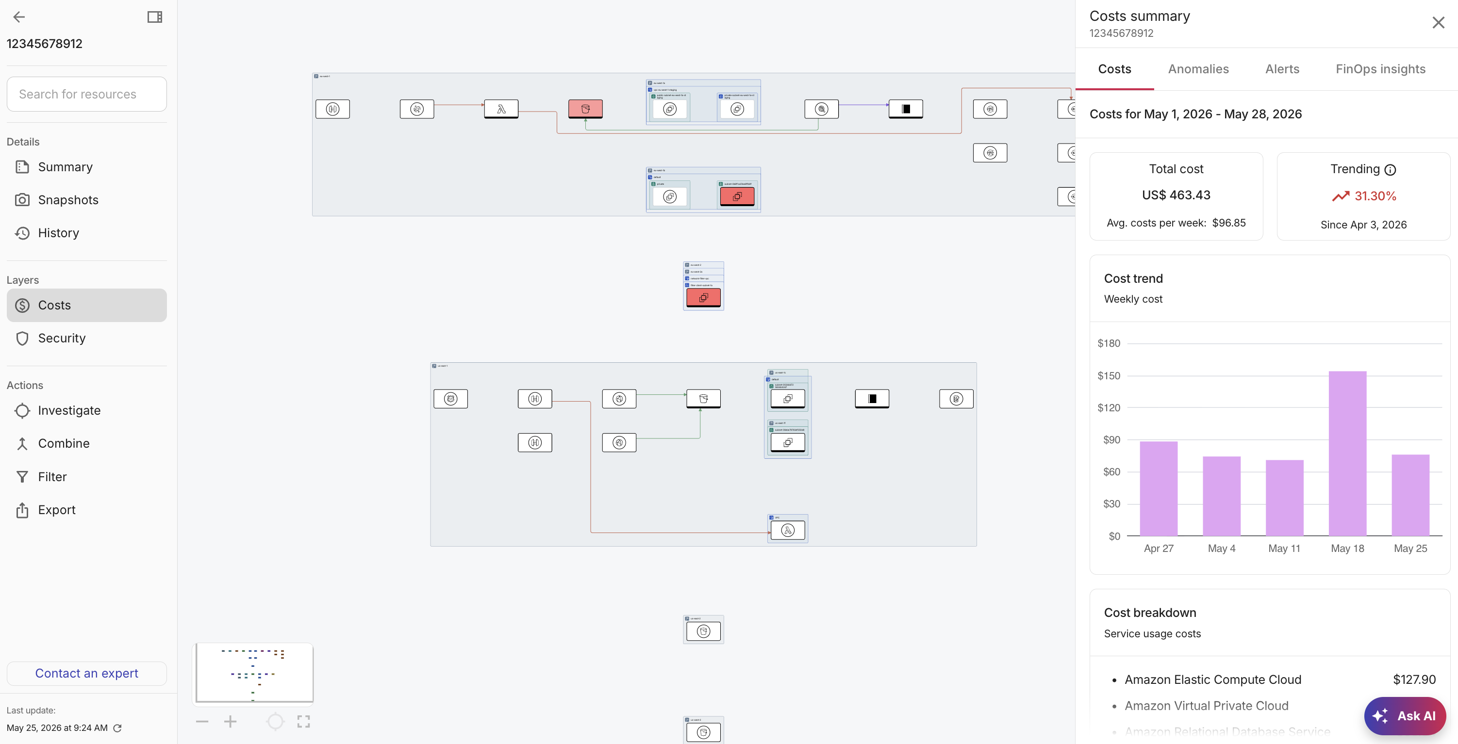 View costs summary on a Cloud diagram