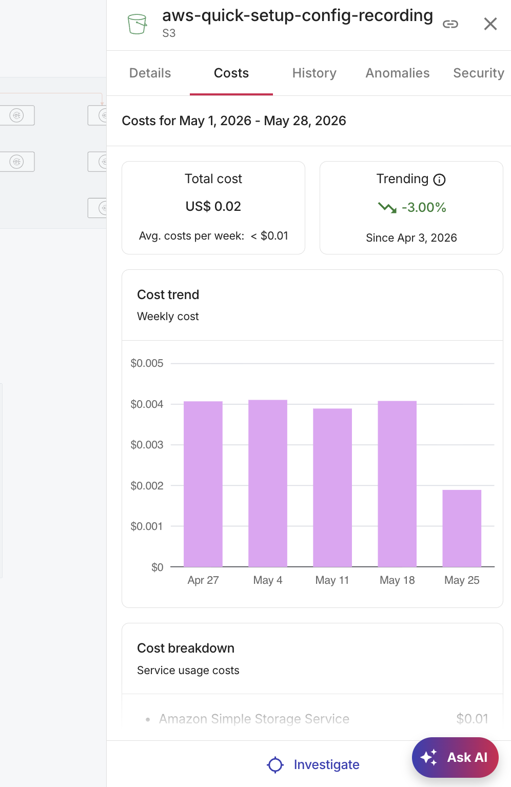 View costs tab