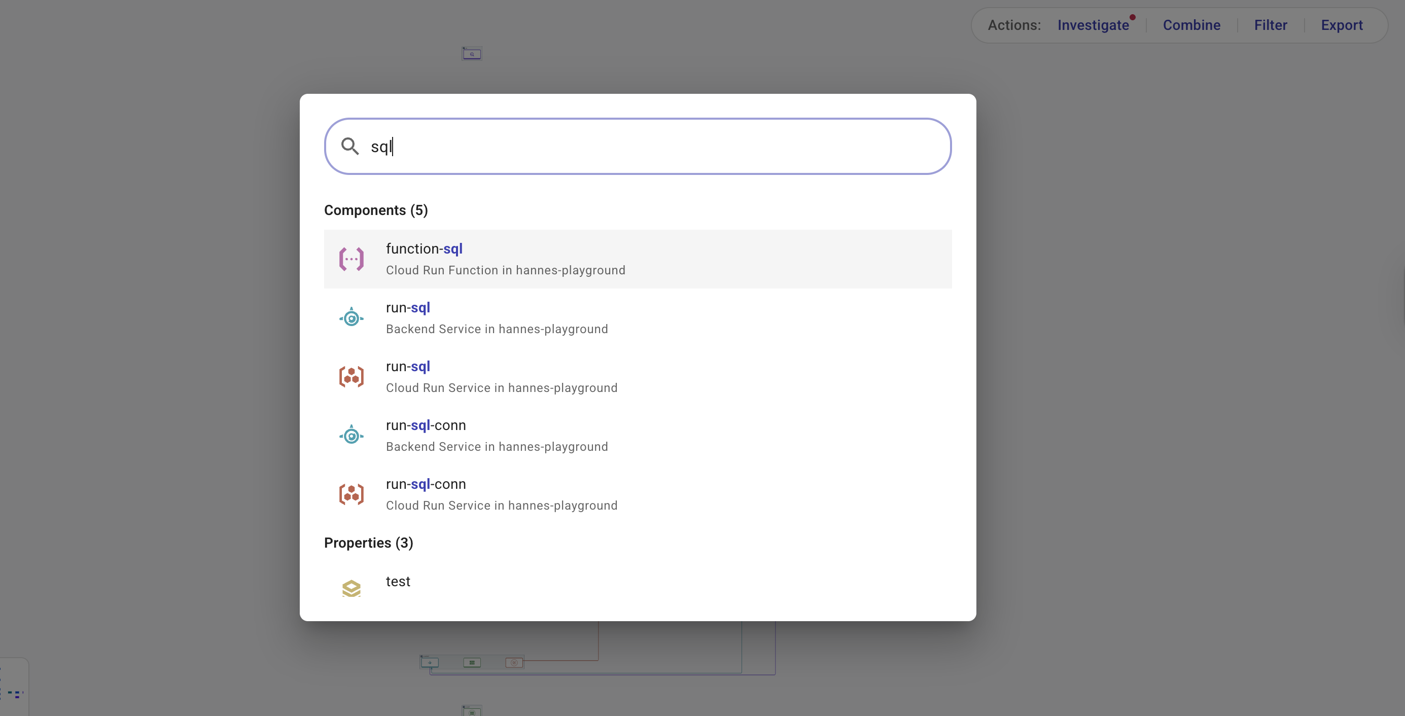 Search for SQL resources on a Cloud Diagram