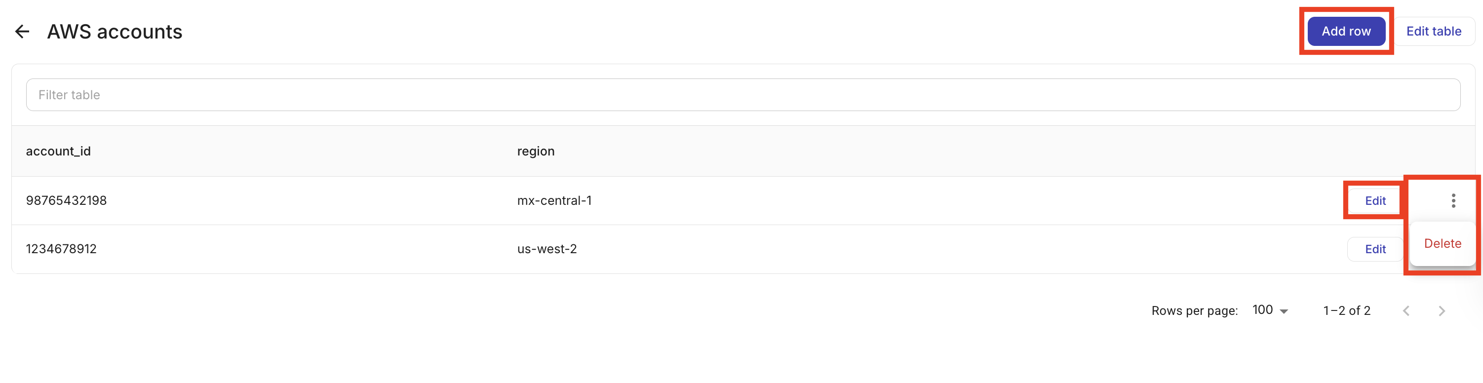 Table detail view with records in rows, Add row button