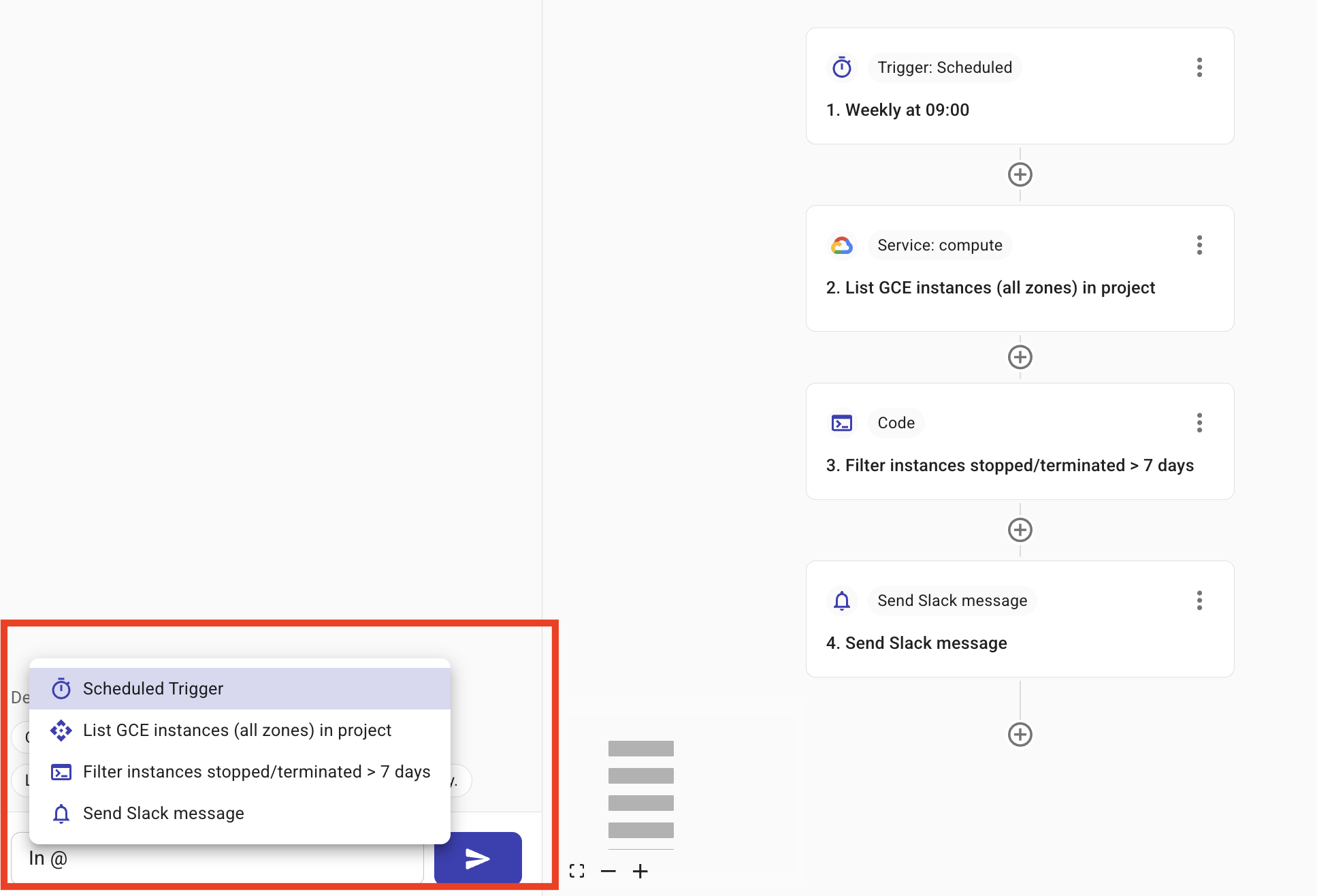 Agent Builder side panel with input, example prompts, and optional @ mention 