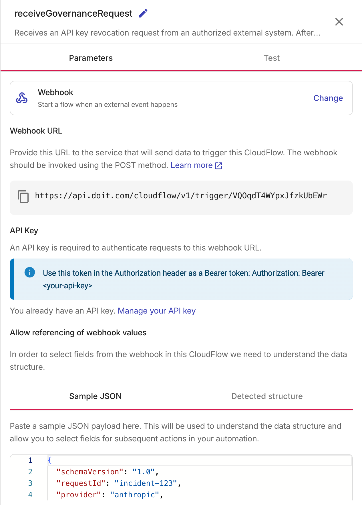 The webhook trigger configuration with the webhook URL and the sample request payload