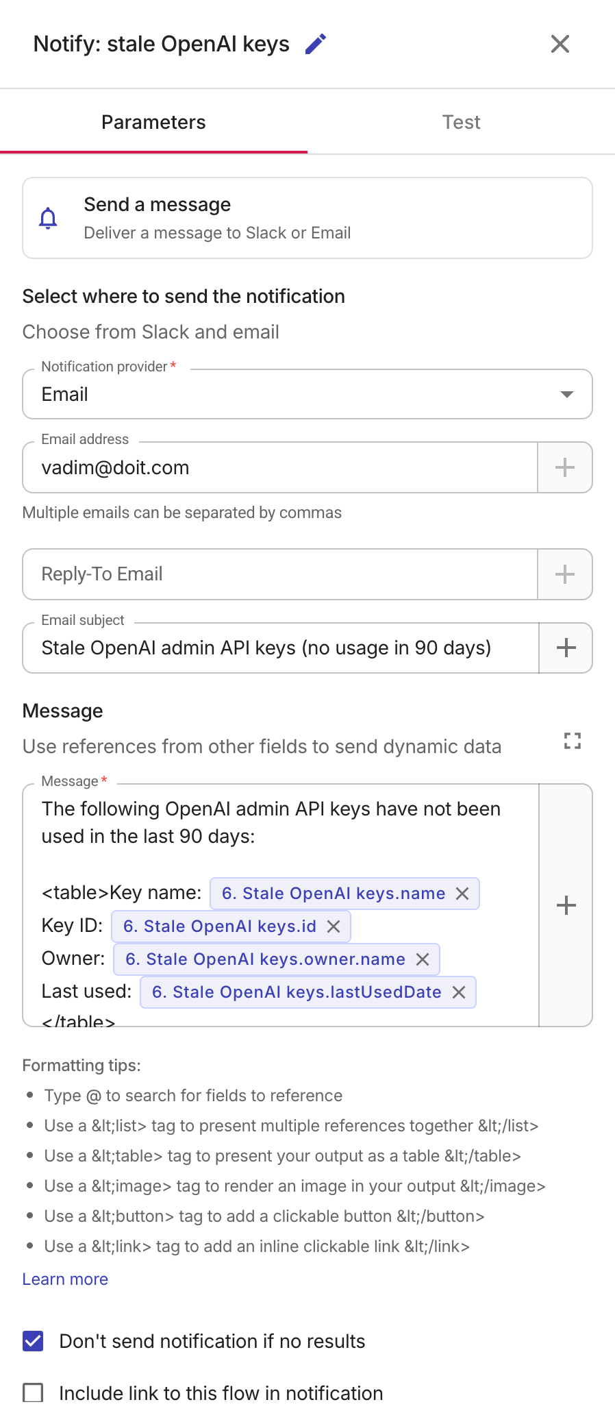 Notification configuration with a table message