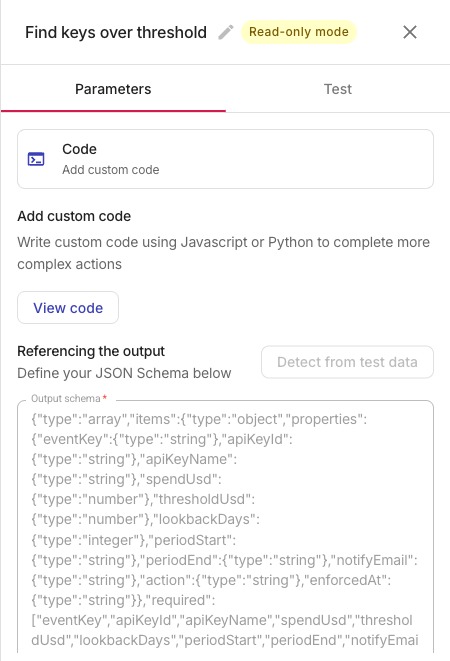 Code node that finds keys over threshold