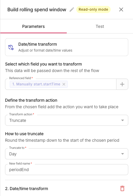 Date/time transform for UTC day bounds