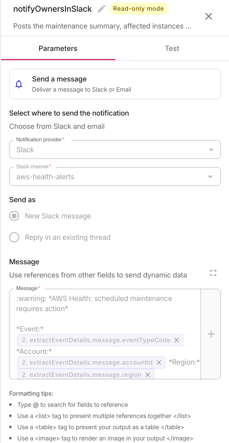 The Slack notification parameters