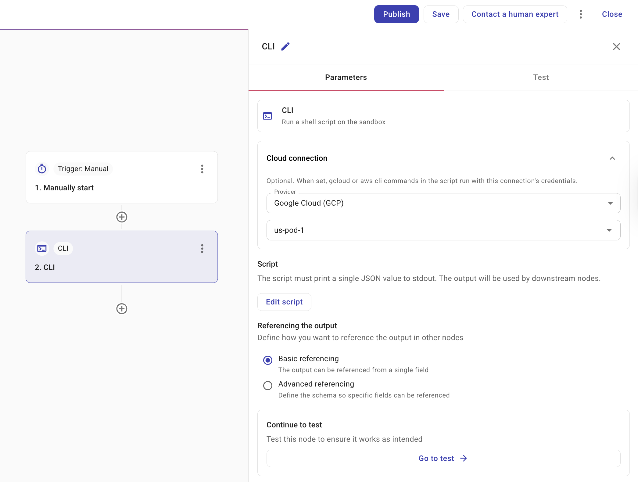 CLI node Parameters tab showing connection, provider, script button, and output referencing