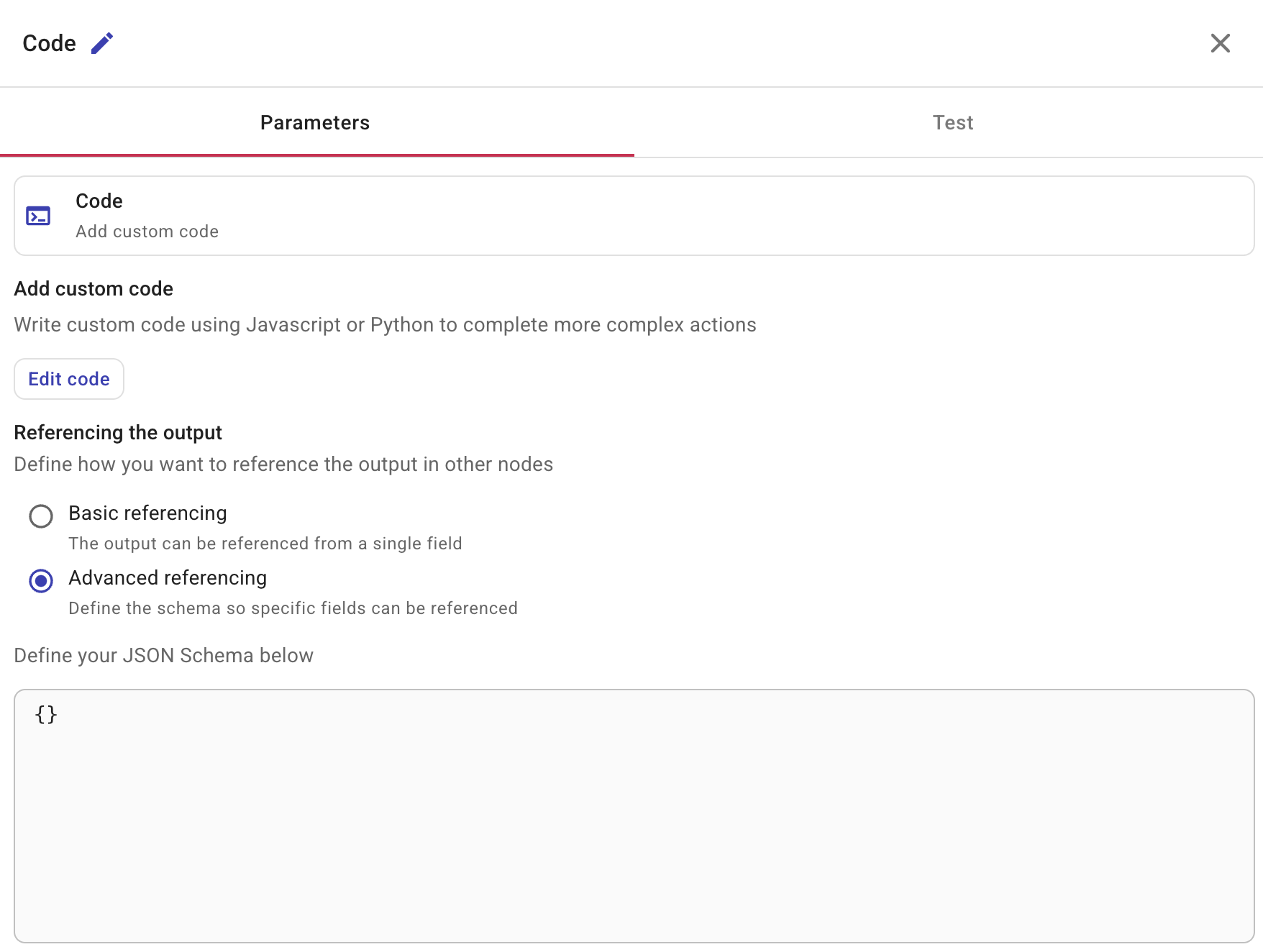 Code node configuration