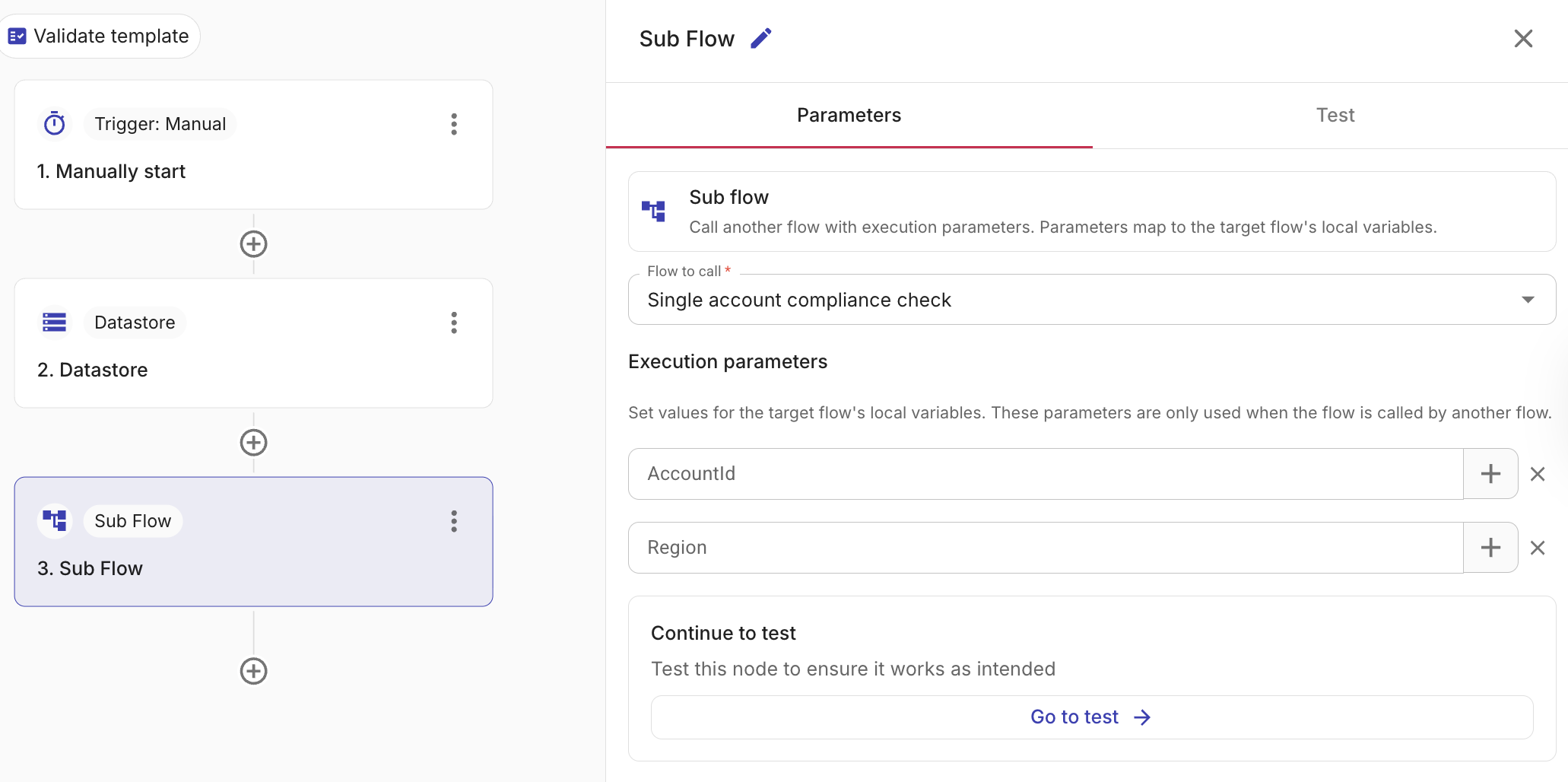 Parent flow with Sub Flow node selected, showing flow to call and execution parameters