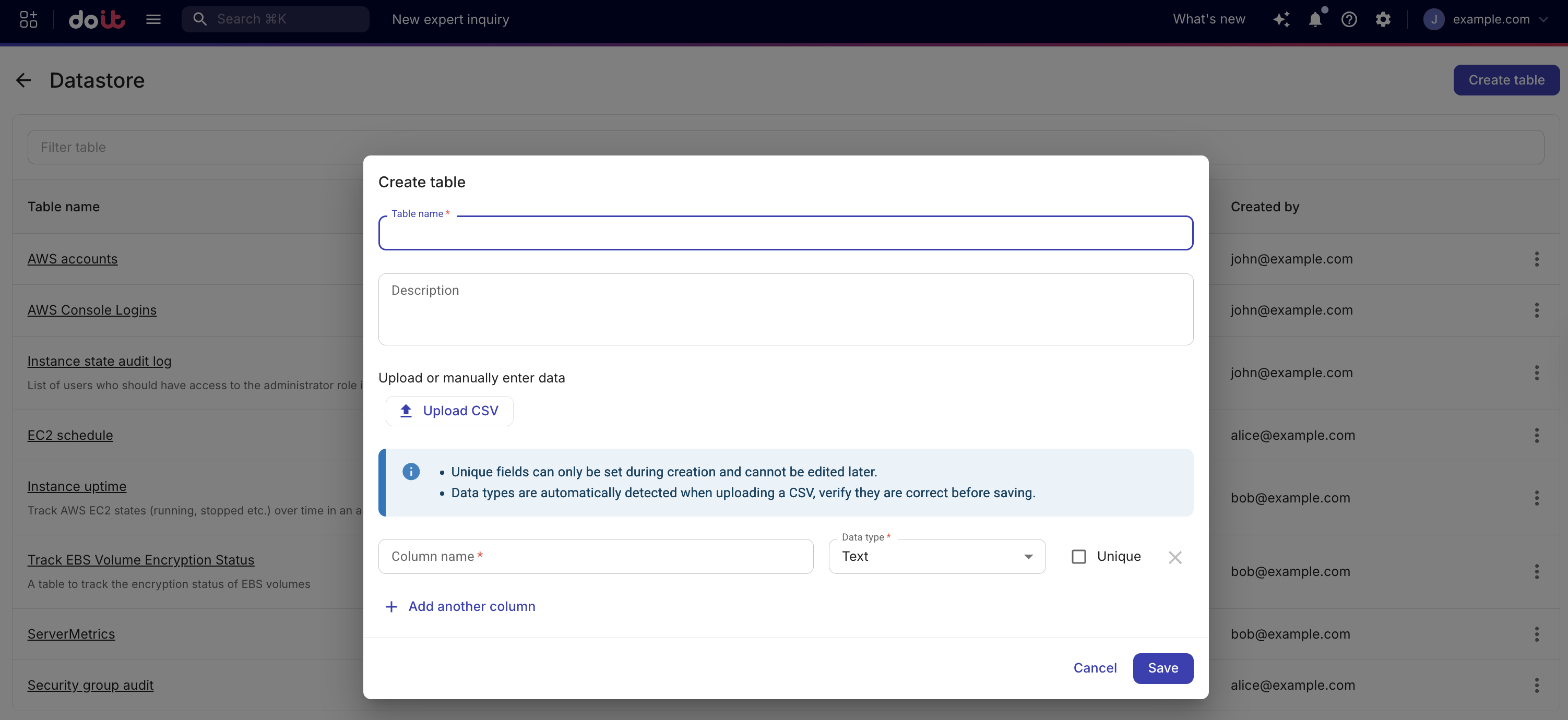 Create table dialog with table name, description, and manual column definition (name, data type, unique checkbox)