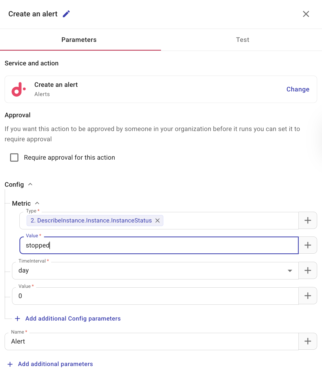 DoiT action Parameters tab with service/action and fields