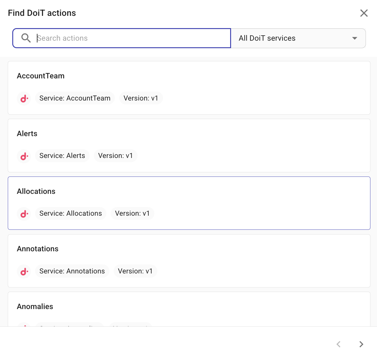 DoiT provider selected and list of DoiT actions or search (e.g. Threads, Insights)