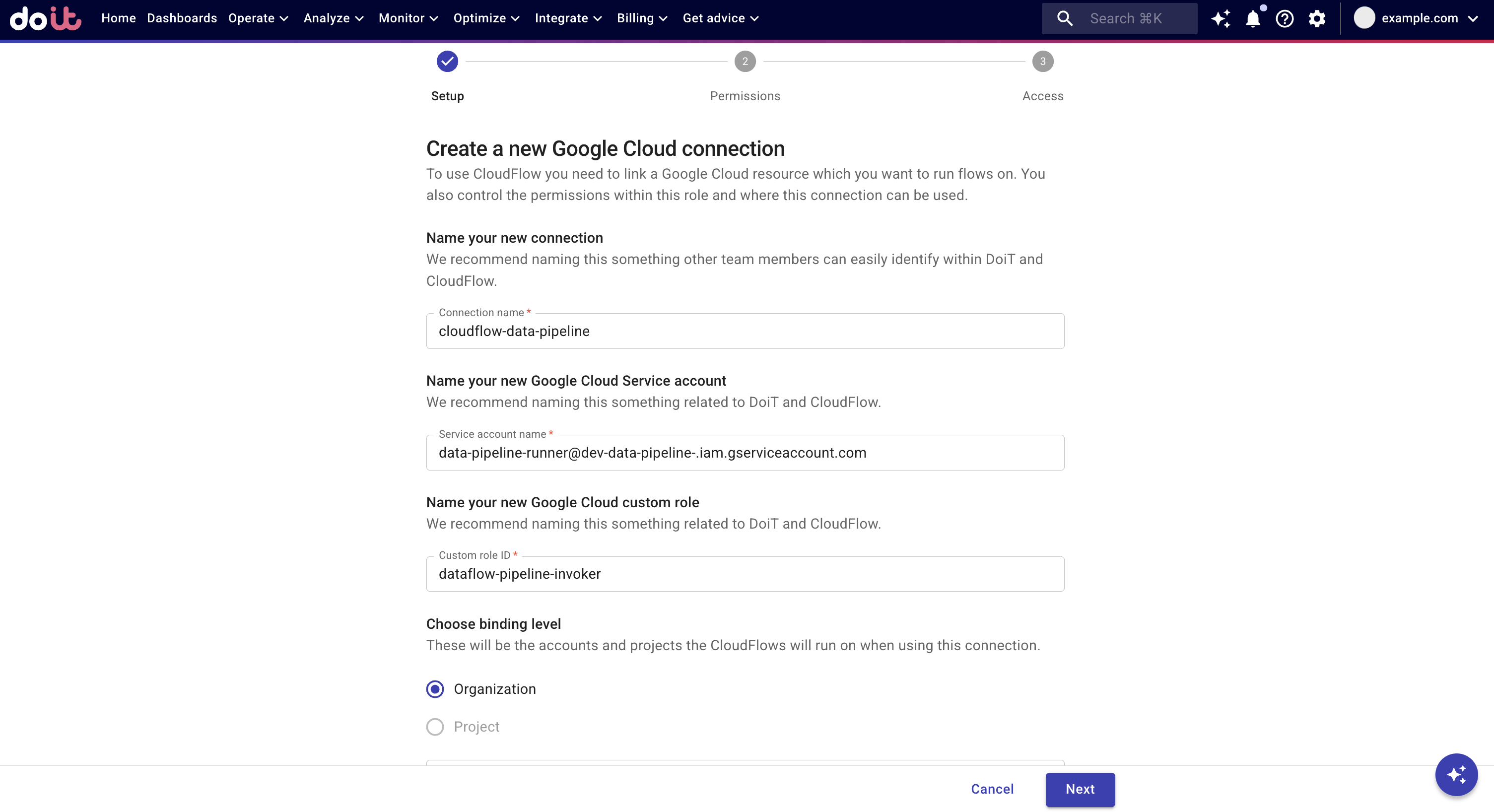 GCP connection setup configuration