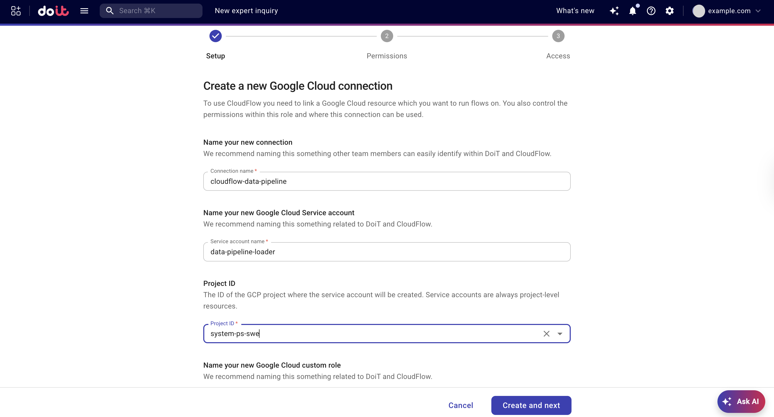 GCP 接続のセットアップ設定