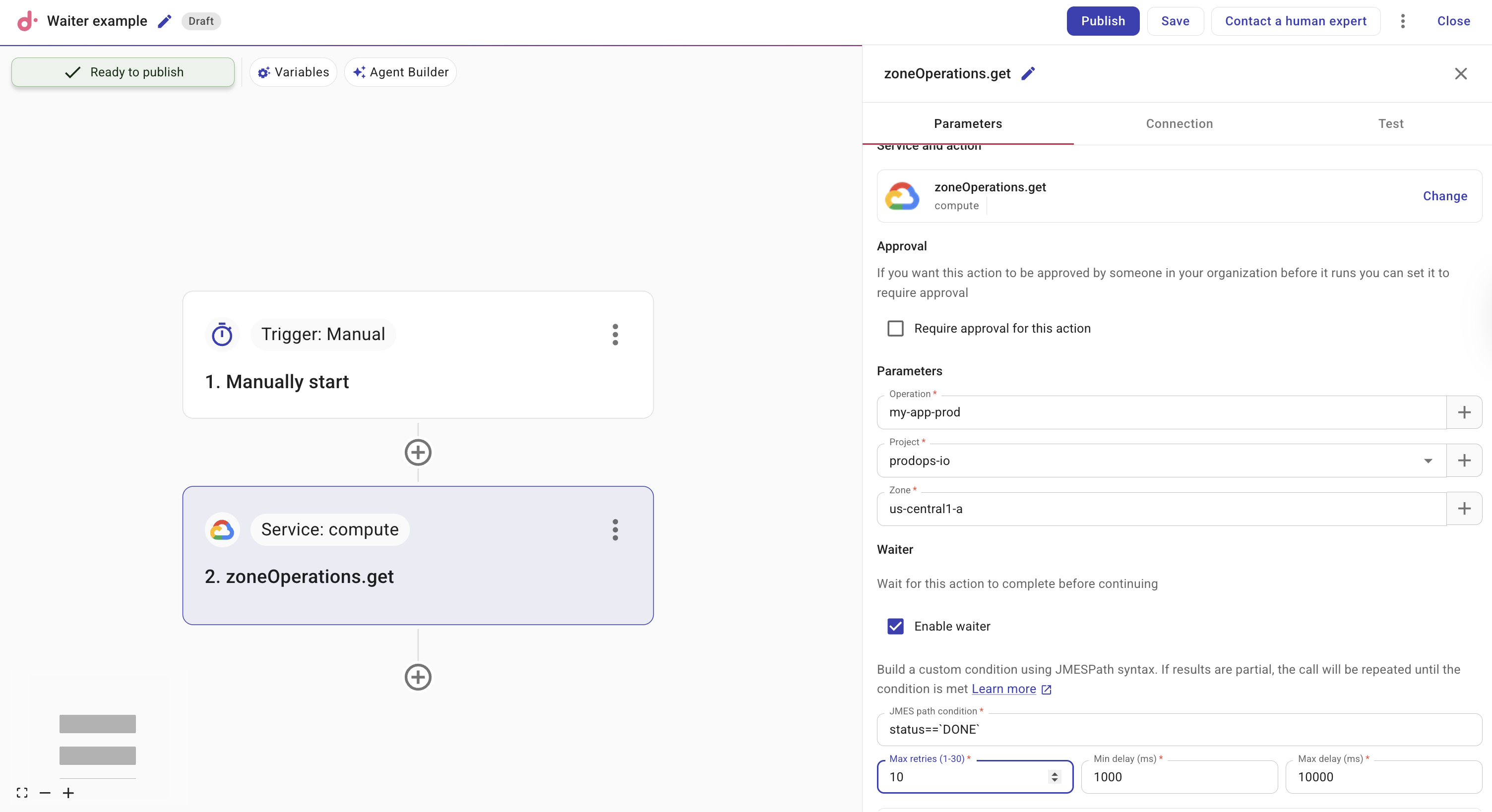 Google Cloud action Parameters tab with Enable waiter and JMESPath condition / retry fields