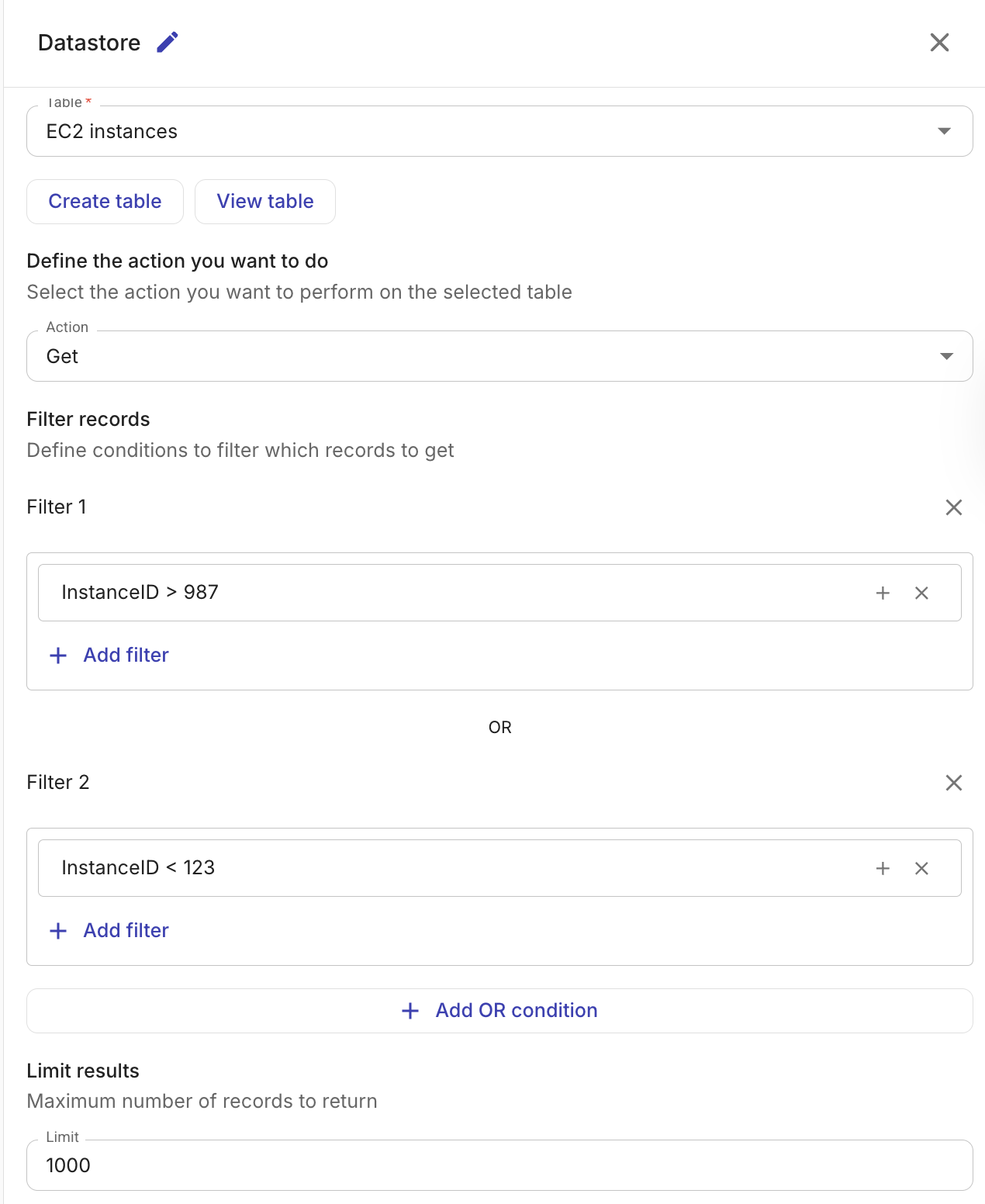 Get records configuration with table selector, columns picker, filter groups, and limit field