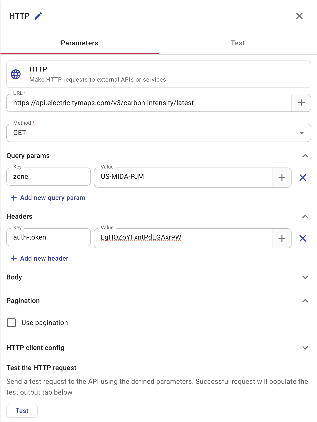 HTTP node configured for Electricity Maps API