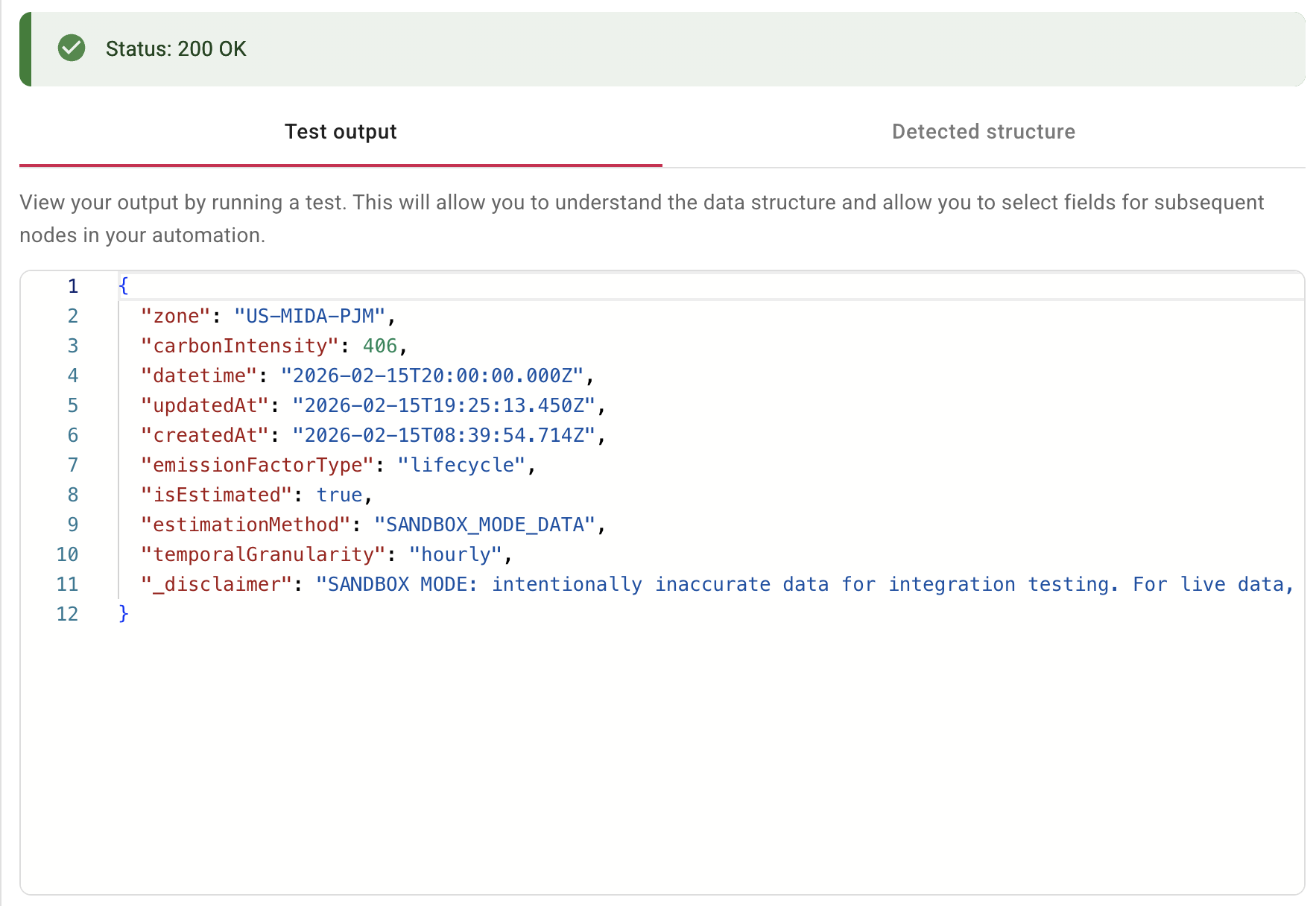 HTTP node test output showing carbon intensity response
