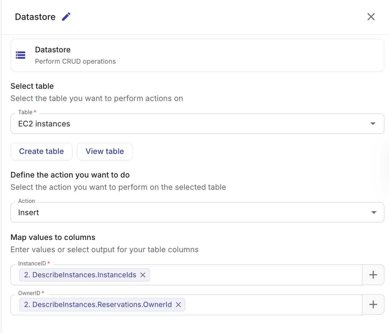 Insert records configuration with table selector and column mappings (static values or node references)