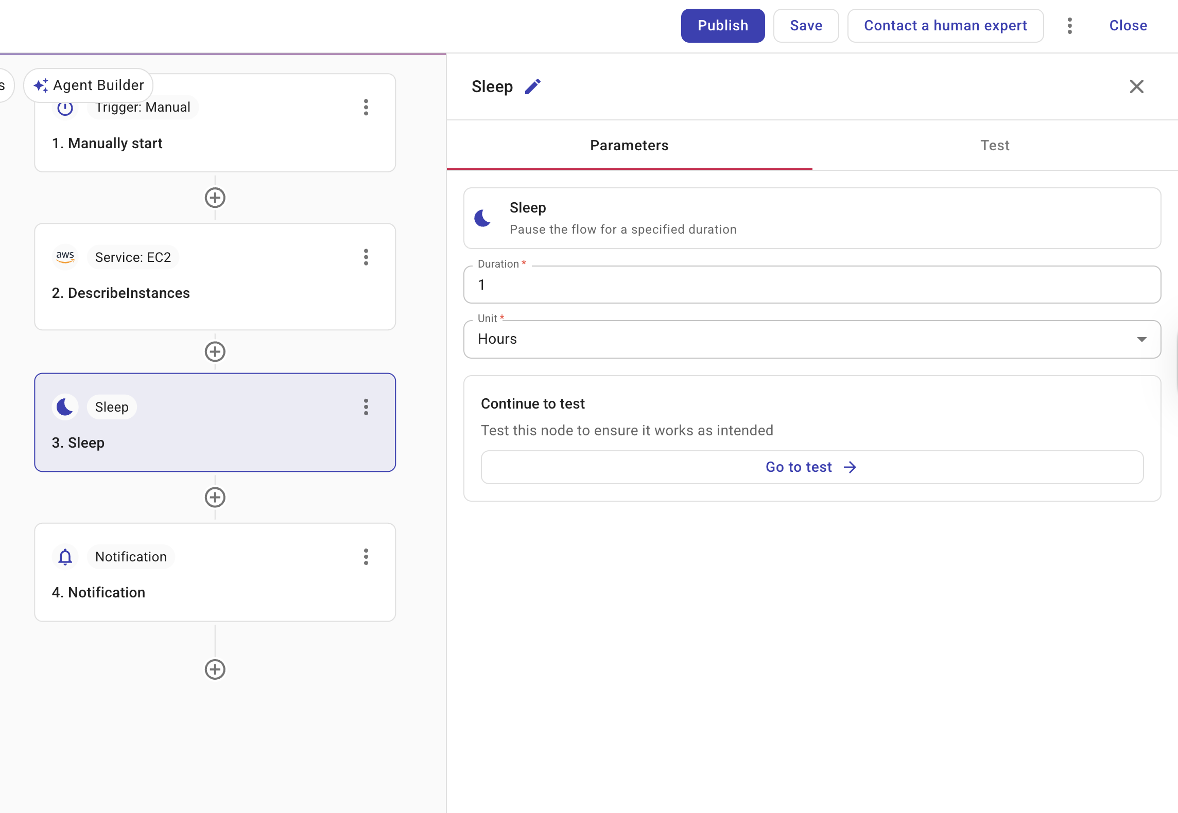 Sleep node configuration panel – Parameters tab with Duration and Unit (Minutes/Hours/Days)