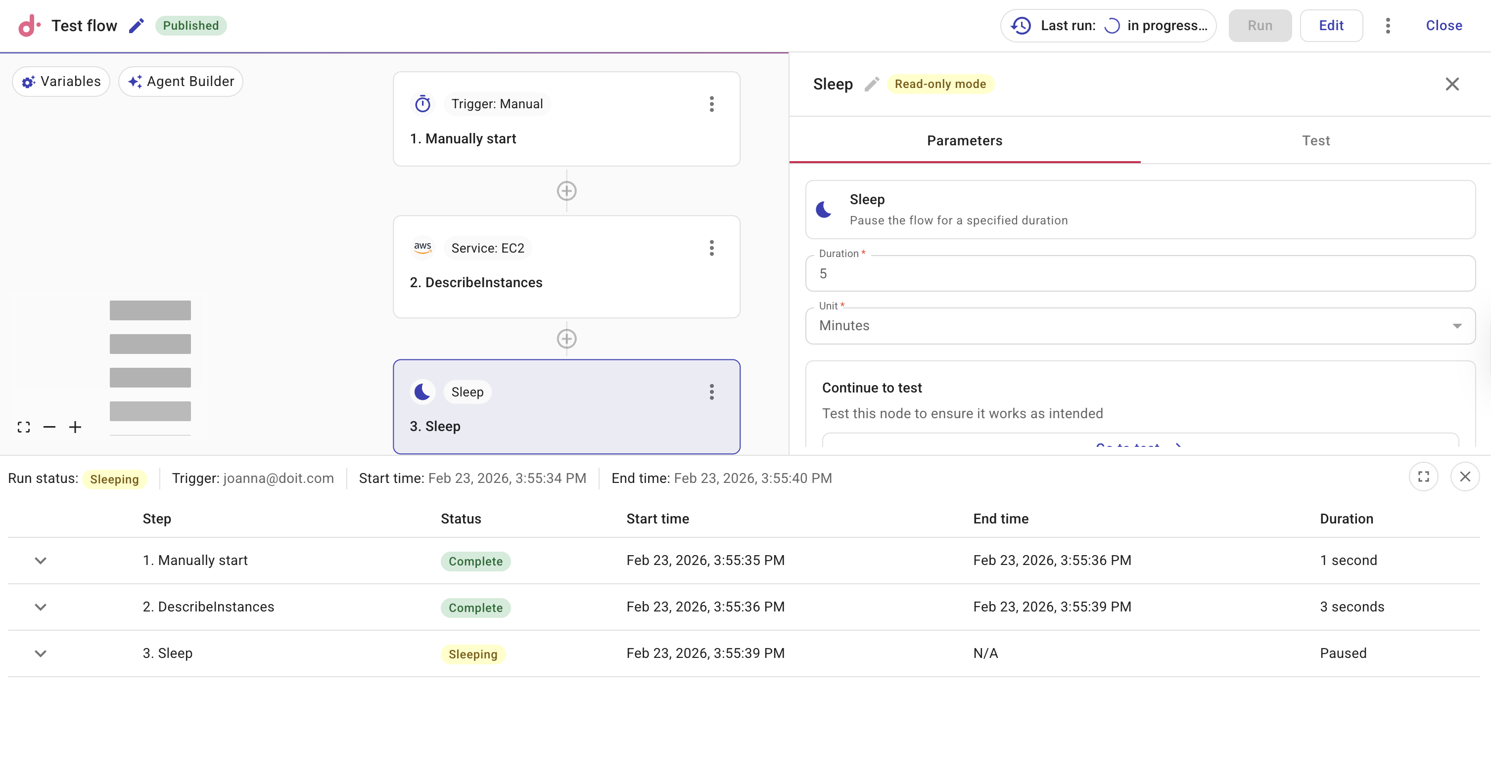 Flow run detail or run list showing a node or execution in Sleeping status