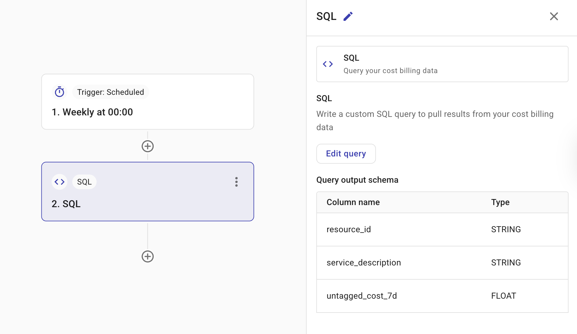 SQL node query output schema