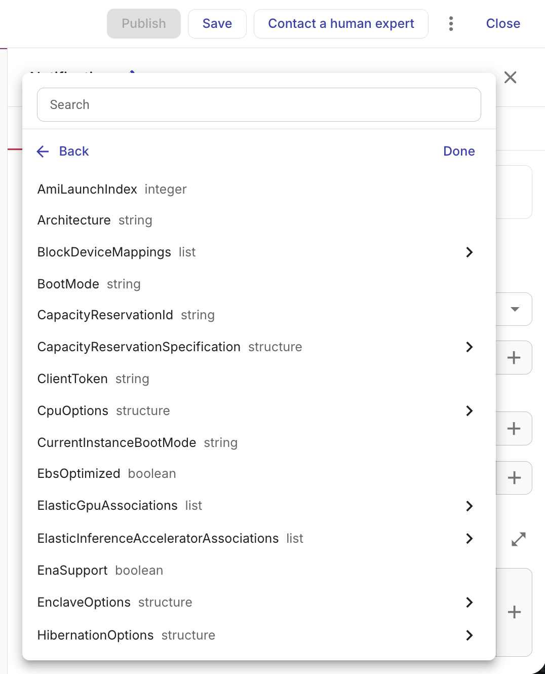 Notification message node with structure parameter displayed
