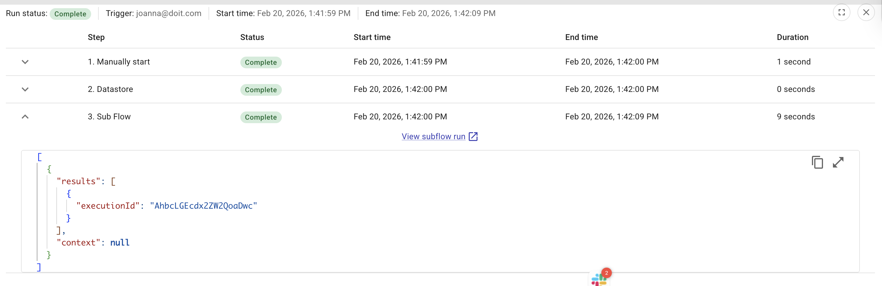 CloudFlow sub flow run history