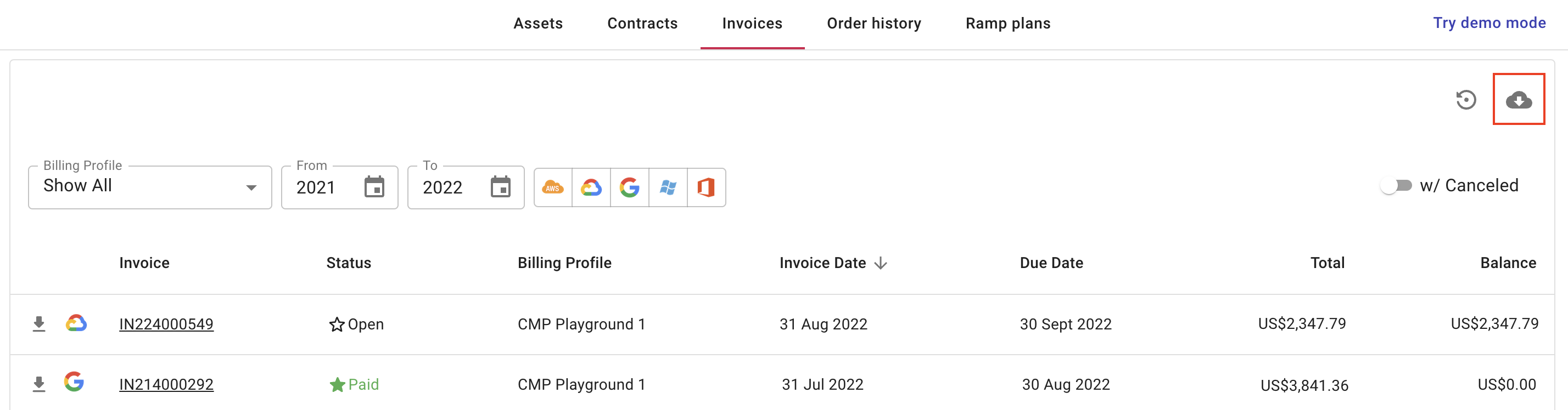 The main Invoices page.