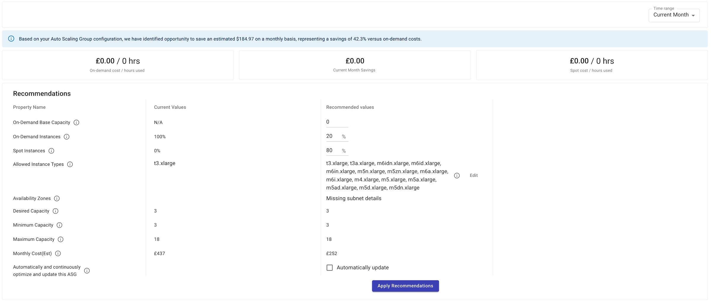 PerfectScale for Spot recommendations screen