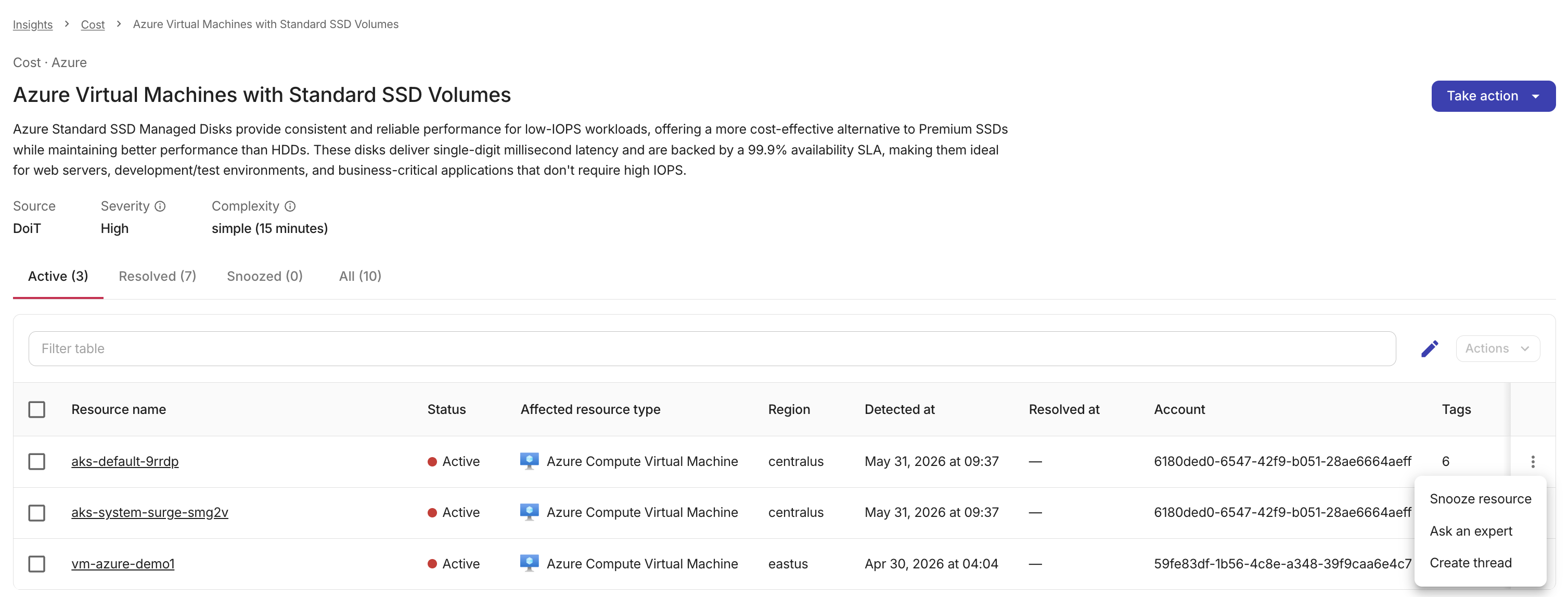 Composer Insight details - Take action on a resource.
