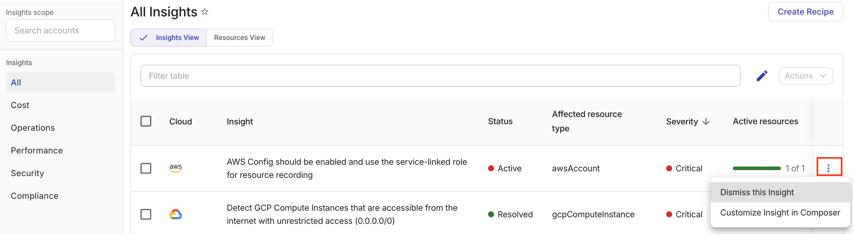 The Composer insights view - Actions.