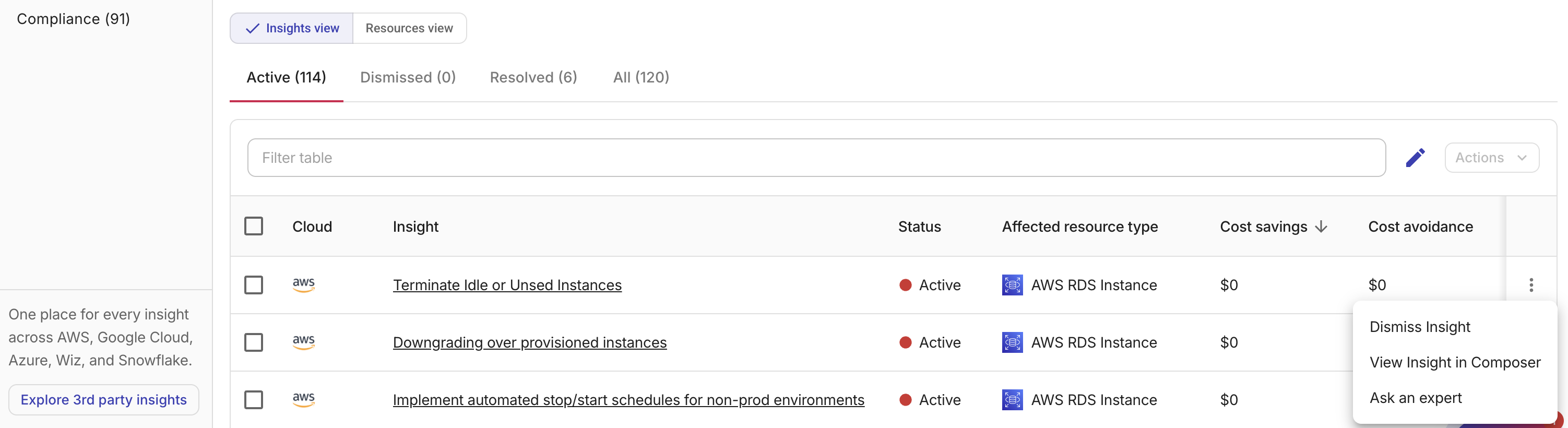 The Composer insights view - Actions.