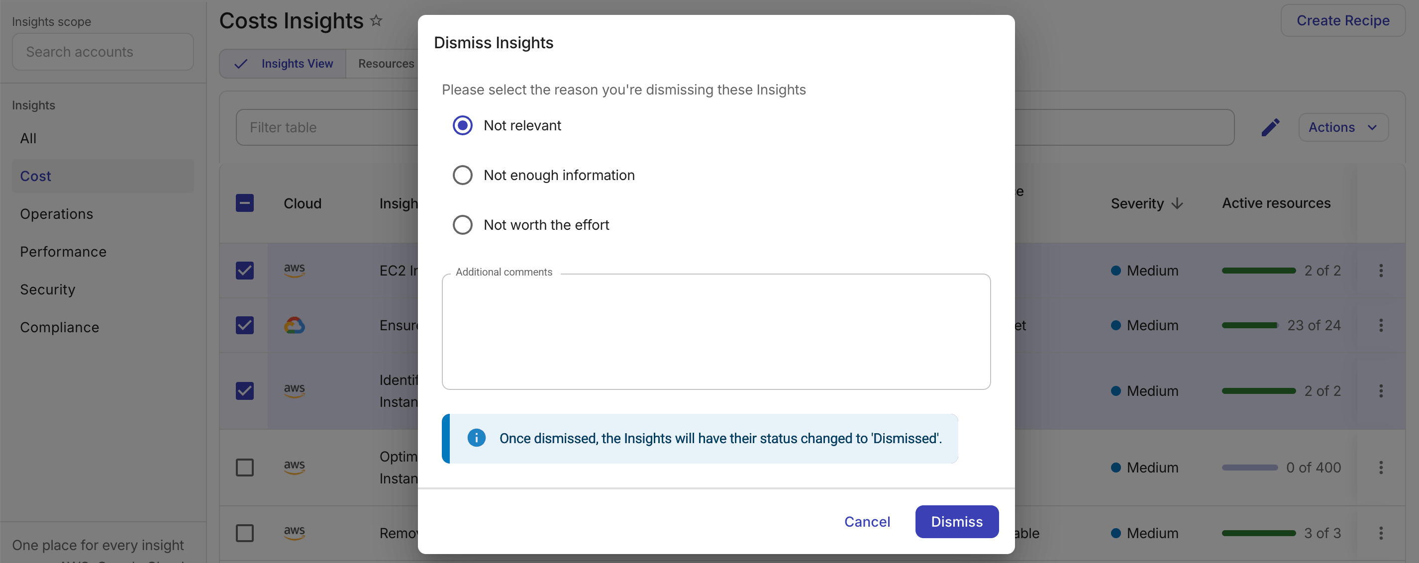 The Composer insights view - Bulk dismissal.