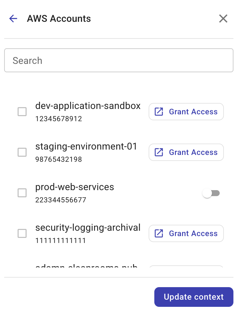 The AWS accounts that are available