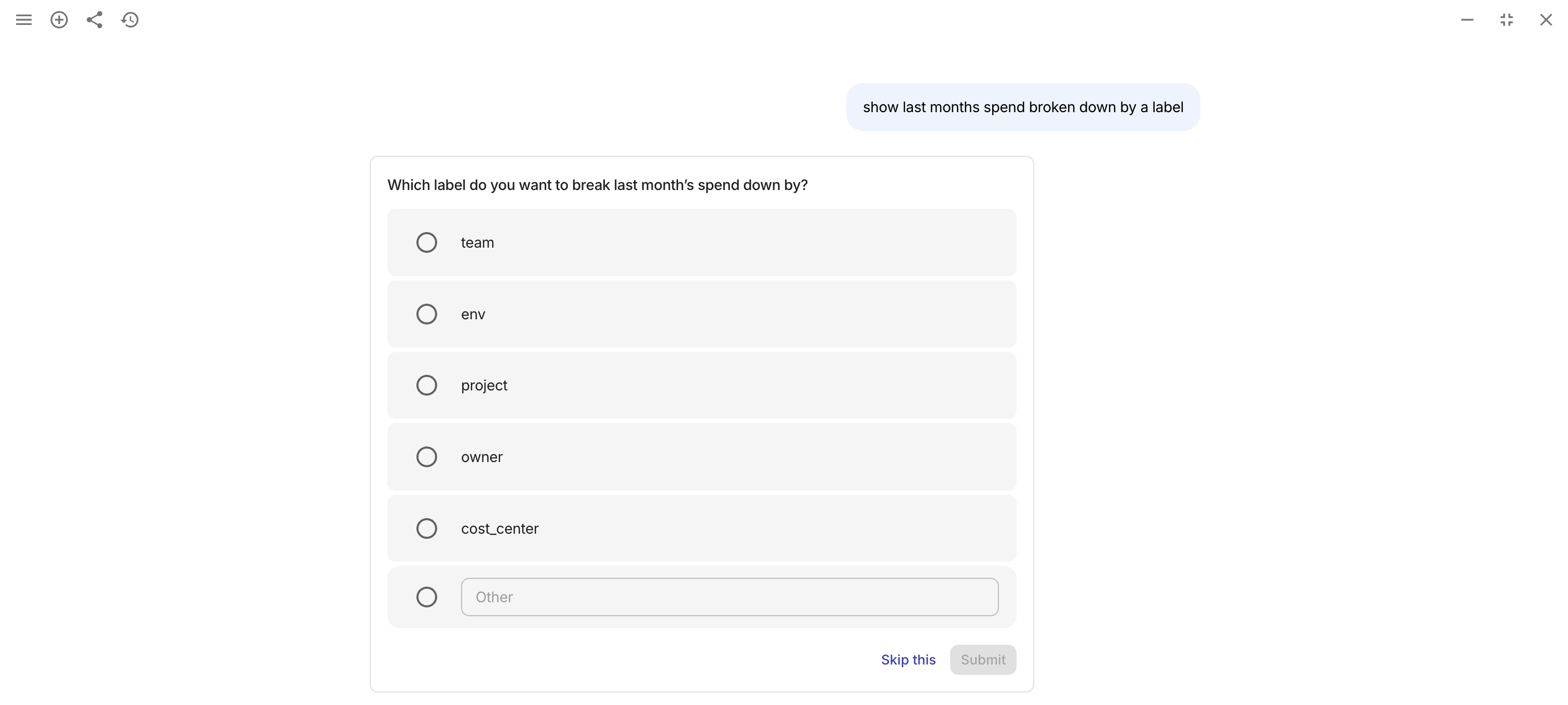 Ava clarifying questions card with stepper
