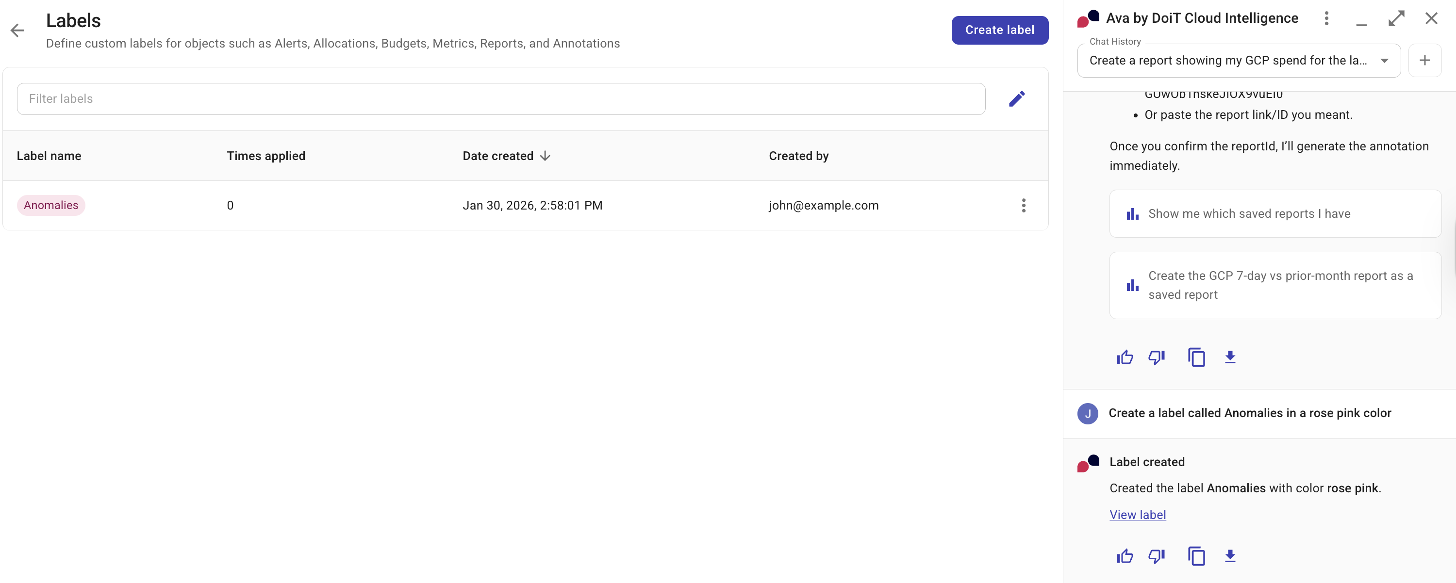 Ask Ava to create a label